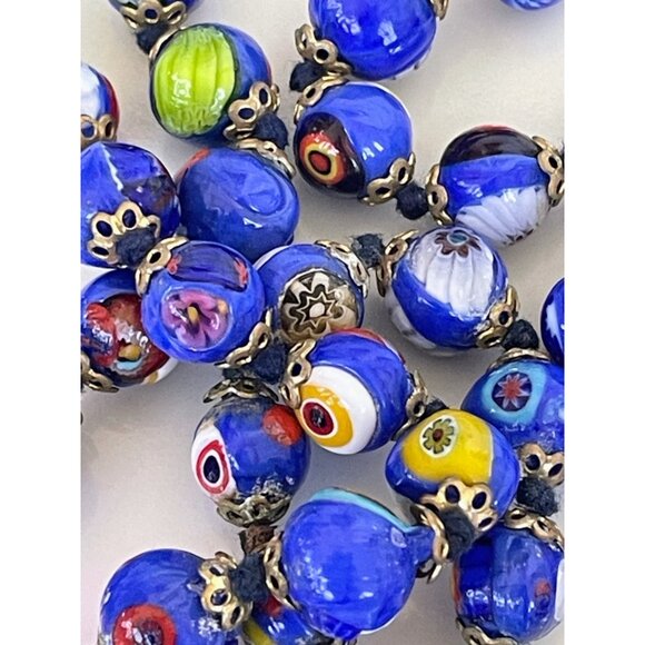Vintage 1950s Italy Millefiori Hand knotted Glass Blue Beaded Necklace - Picture 2 of 16